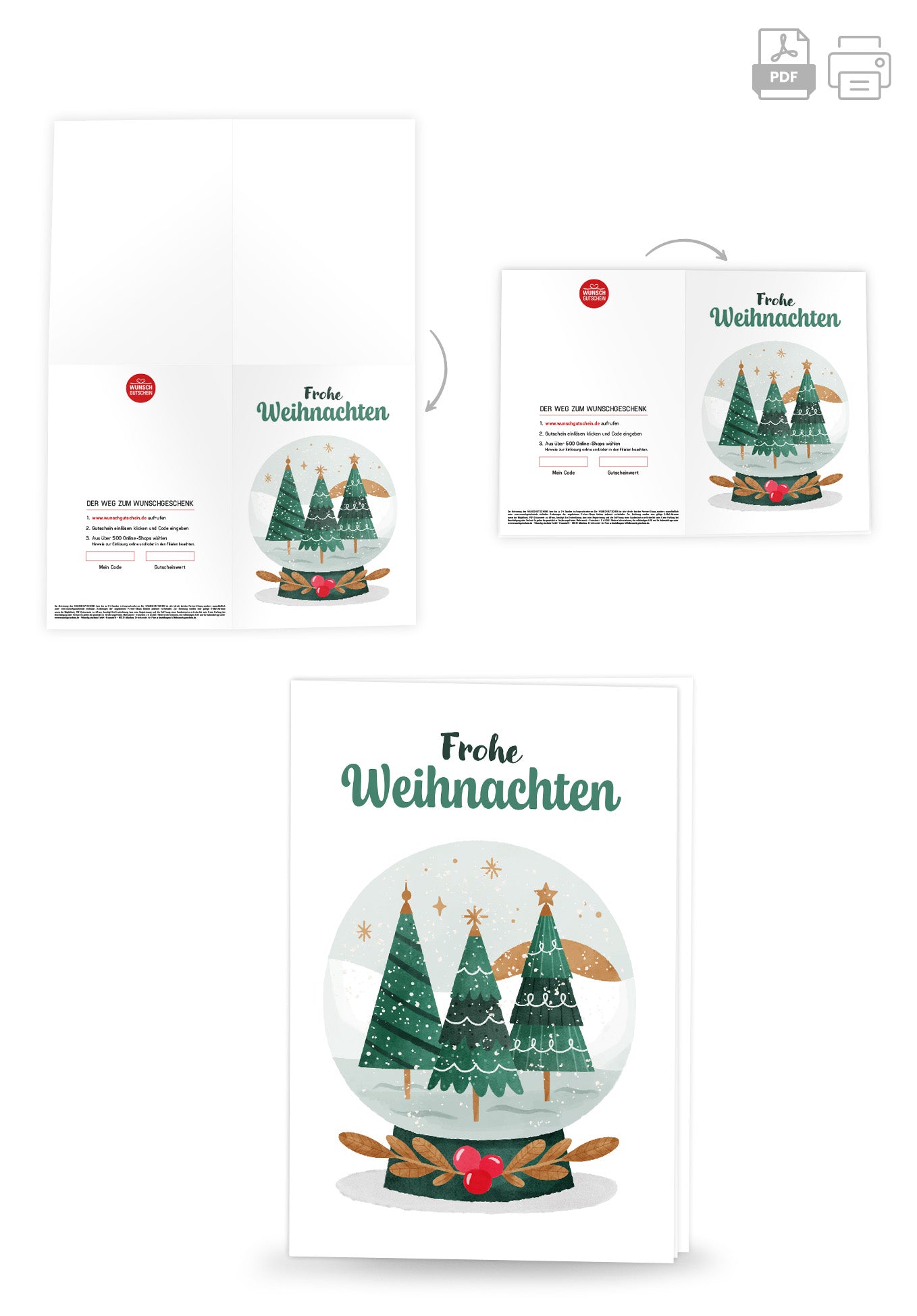 Wunschgutschein Frohe Weihnachten - Schneekugel Bäume – Geschenkgutschein Ansicht 4