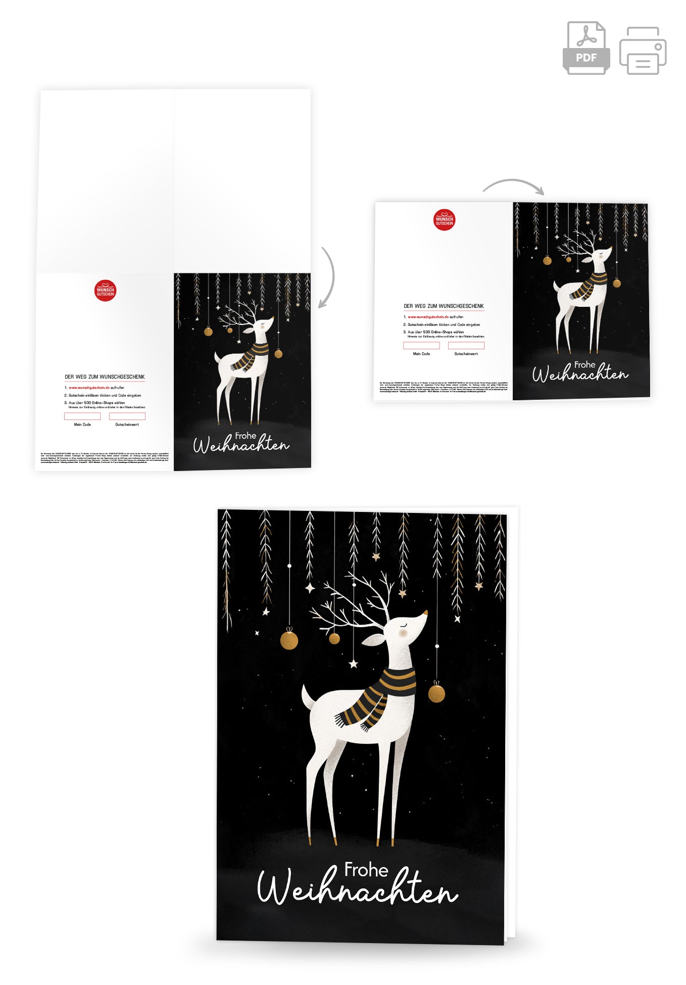 Wunschgutschein Frohe Weihnachten - Rentier Schwarz Weiß Gold PDF – Geschenkgutschein Ansicht 4