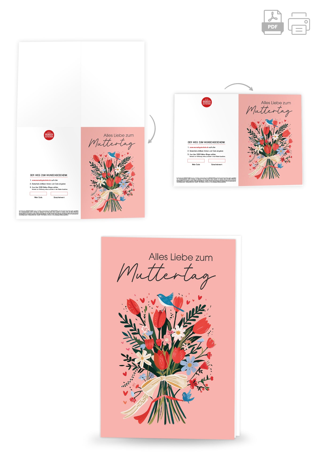 Wunschgutschein Alles Liebe zum Muttertag - Blumenstrauß Vogel PDF – Geschenkgutschein Ansicht 4