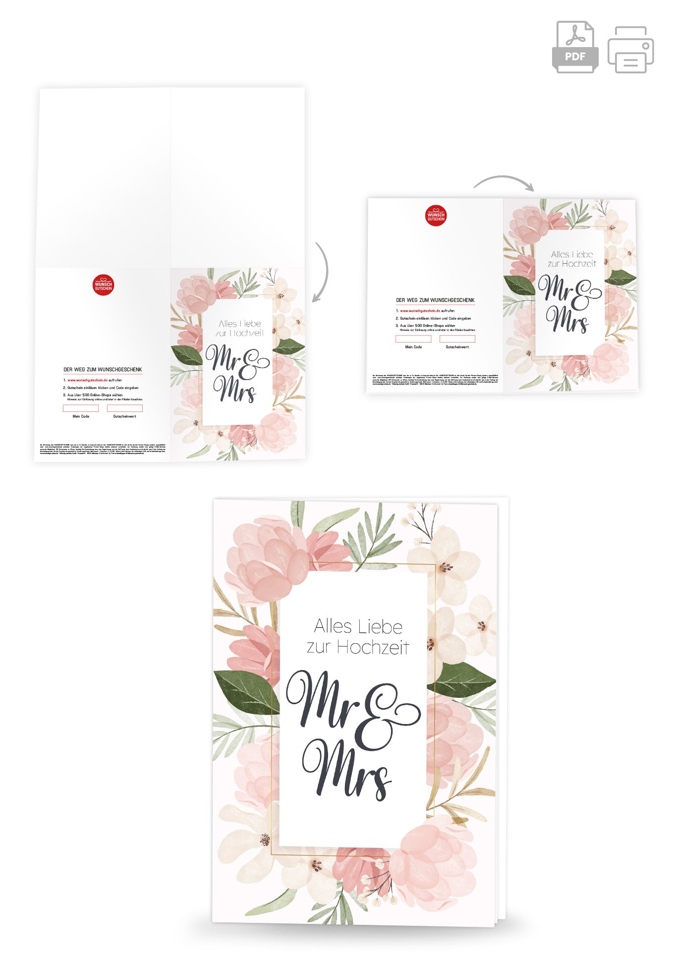 Wunschgutschein Alles Liebe zur Hochzeit Mr & Mrs - Blumen Rosa PDF – Geschenkgutschein Ansicht 4