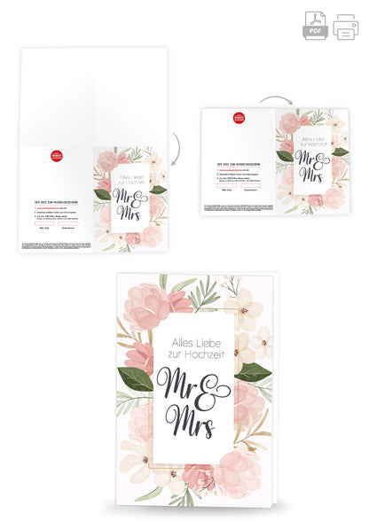 Wunschgutschein Alles Liebe zur Hochzeit Mr & Mrs - Blumen Rosa PDF – Geschenkgutschein Ansicht 4