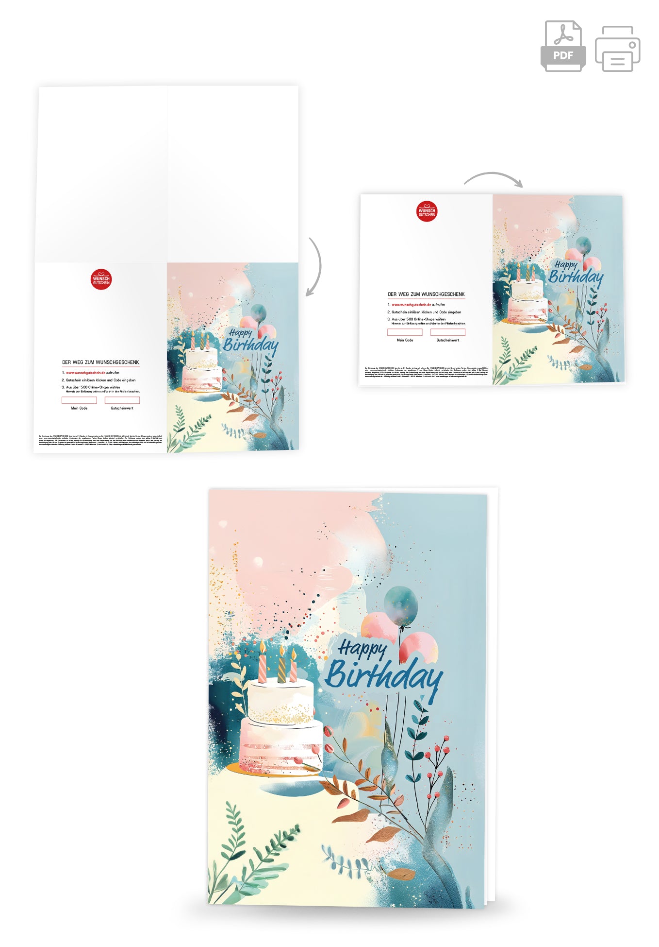 Wunschgutschein Happy Birthday - Torte und Ballons Blau PDF – Geschenkgutschein Ansicht 4