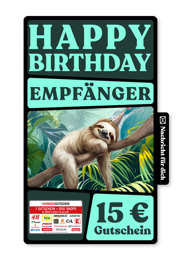 Wunschgutschein Digital - Relax Birthday - Faultier – Geschenkgutschein Ansicht 1