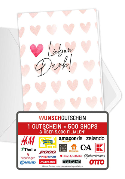 Lieben Dank - Herzen Aquarell (Gutscheinwert)