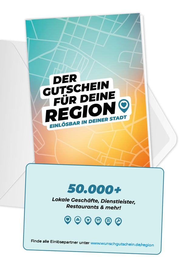 Wunschgutschein Der Gutschein für deine Region – Einlösbar für lokale Geschäfte, Restaurants & mehr PDF – Geschenkgutschein Ansicht 1