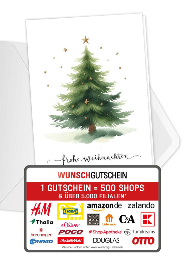 Wunschgutschein Frohe Weihnachten - Tannenbaum Sterne PDF – Geschenkgutschein Ansicht 1