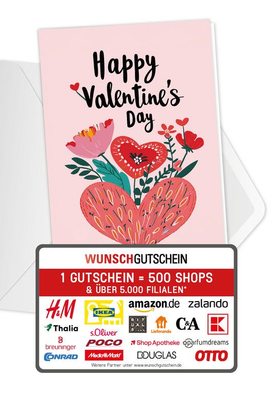 Wunschgutschein Happy Valentine's Day - Herz und Blumen – Geschenkgutschein Ansicht 1