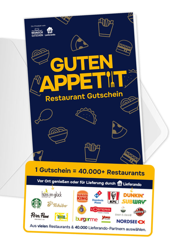 Wunschgutschein Restaurant Gutschein „Guten Appetit“ – Einlösbar für viele Restaurants & 40.000 Lieferando-Partner PDF – Geschenkgutschein Ansicht 1