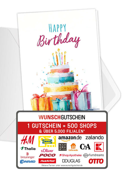 Wunschgutschein Happy Birthday - Torte Aquarell – Geschenkgutschein Ansicht 1