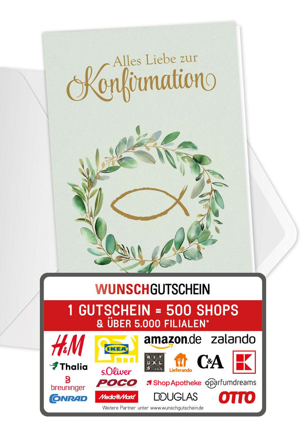 Wunschgutschein Zur Konfirmation - Kranz Fisch PDF – Geschenkgutschein Ansicht 1