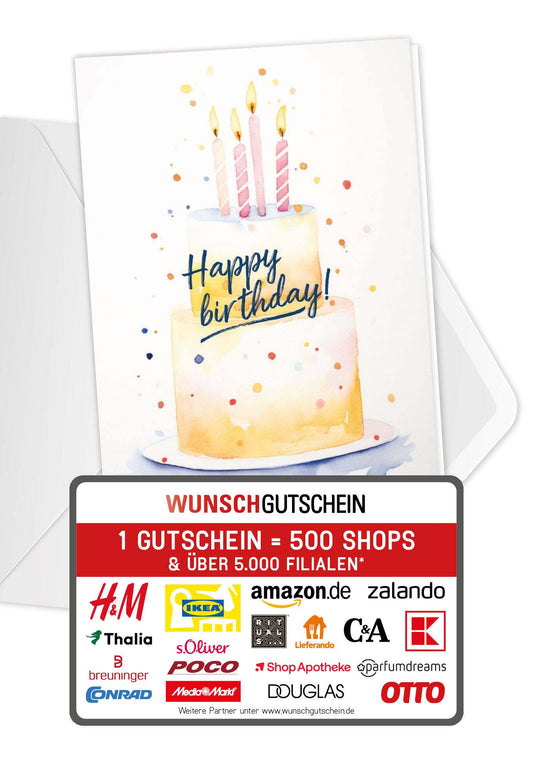 Wunschgutschein Happy Birthday - Torte Gelb – Geschenkgutschein Ansicht 1