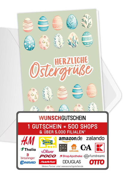 Wunschgutschein Herzliche Ostergrüße - Eiermuster Grün – Geschenkgutschein Ansicht 1