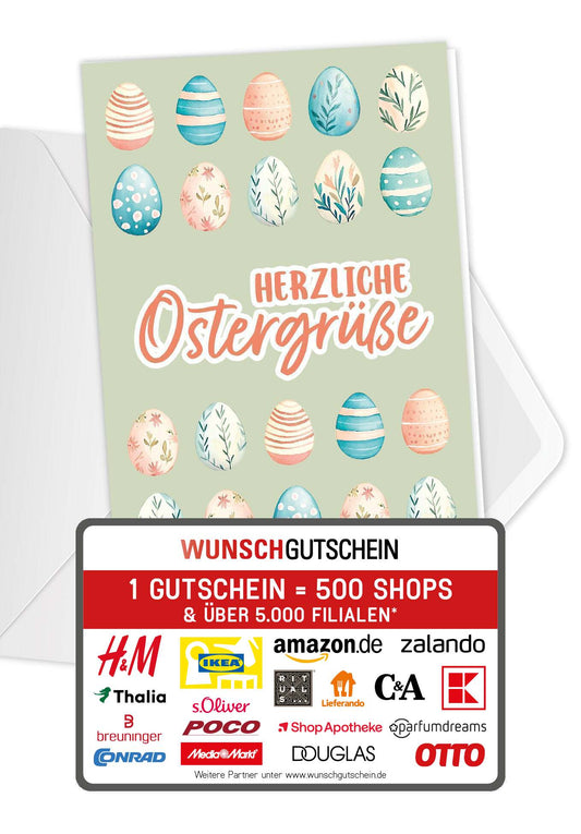 Wunschgutschein Herzliche Ostergrüße - Eiermuster Grün – Geschenkgutschein Ansicht 1