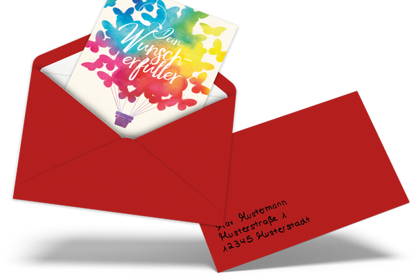 Wunschgutschein Roter Geschenkumschlag mit personalisierter Handschrift – Geschenkgutschein Ansicht 1