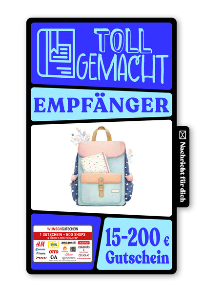 Wunschgutschein Digital - Hurra erster Schultag - Rucksack – Geschenkgutschein Ansicht 1