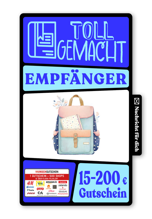 Wunschgutschein Digital - Hurra erster Schultag - Rucksack – Geschenkgutschein Ansicht 1