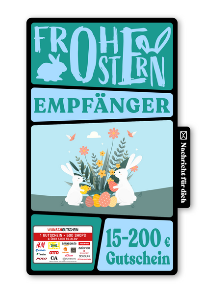 Wunschgutschein Digital - Grüße vom Osterhasen - Hase und Blumen – Geschenkgutschein Ansicht 1