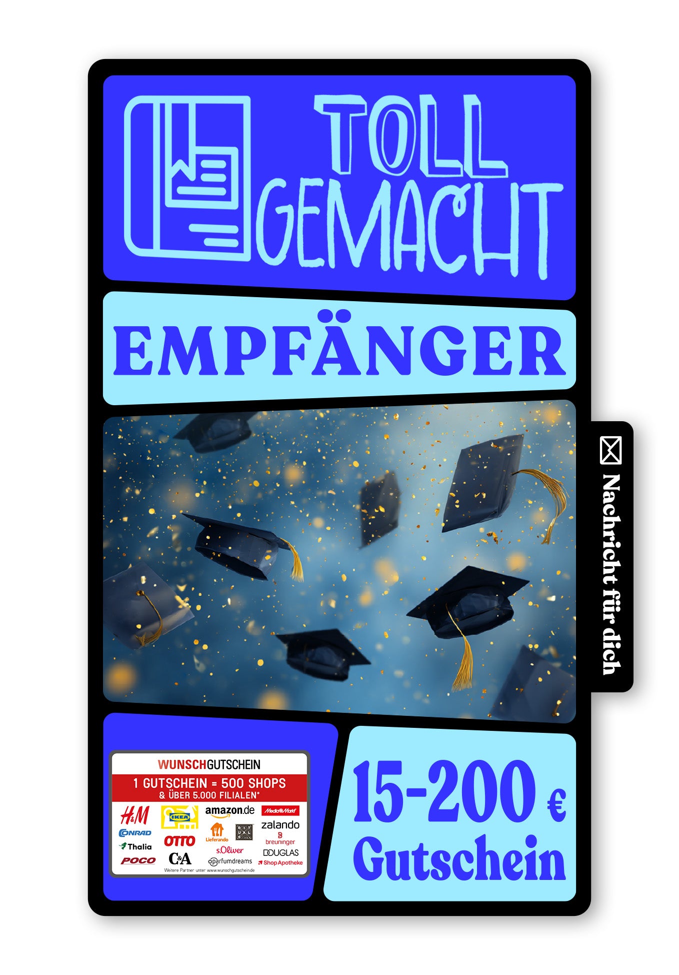 Wunschgutschein Digital - Geschafft - Hüte Blau Gold – Geschenkgutschein Ansicht 1