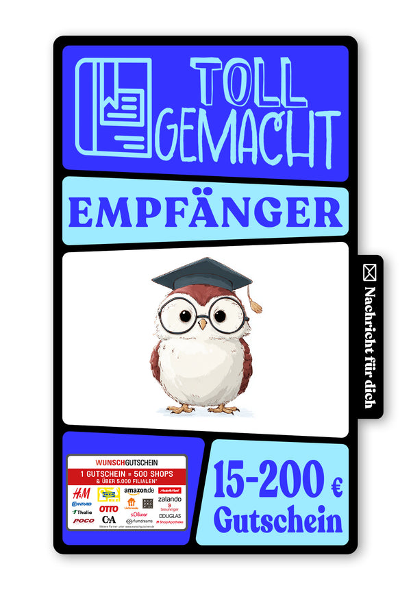 Wunschgutschein Digital - Hurra endlich geschafft - Eule – Geschenkgutschein Ansicht 1