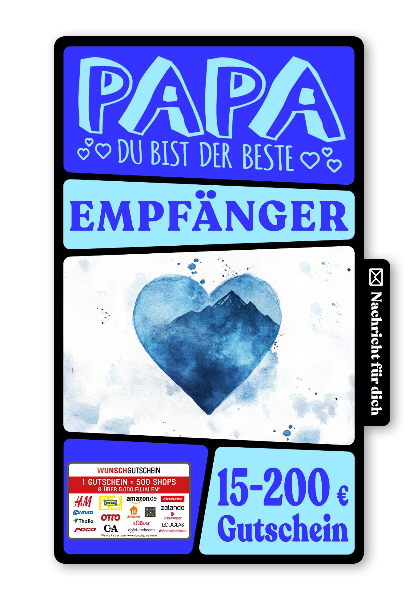 Wunschgutschein Digital - Für den besten Papa - Aquarellherz blau – Geschenkgutschein Ansicht 1