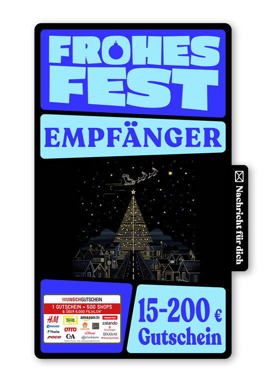 Wunschgutschein Digital - Frohe Weihnachten - Stadt Tannenbaum – Geschenkgutschein Ansicht 1
