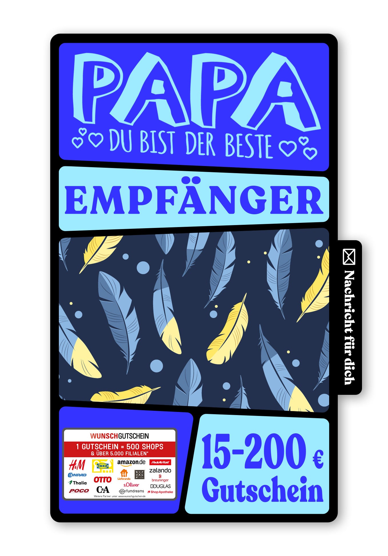 Wunschgutschein Digital - Für den besten Papa der Welt - Federn Blau Gelb – Geschenkgutschein Ansicht 1