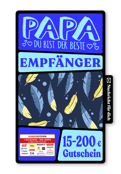 Wunschgutschein Digital - Für den besten Papa der Welt - Federn Blau Gelb – Geschenkgutschein Ansicht 1