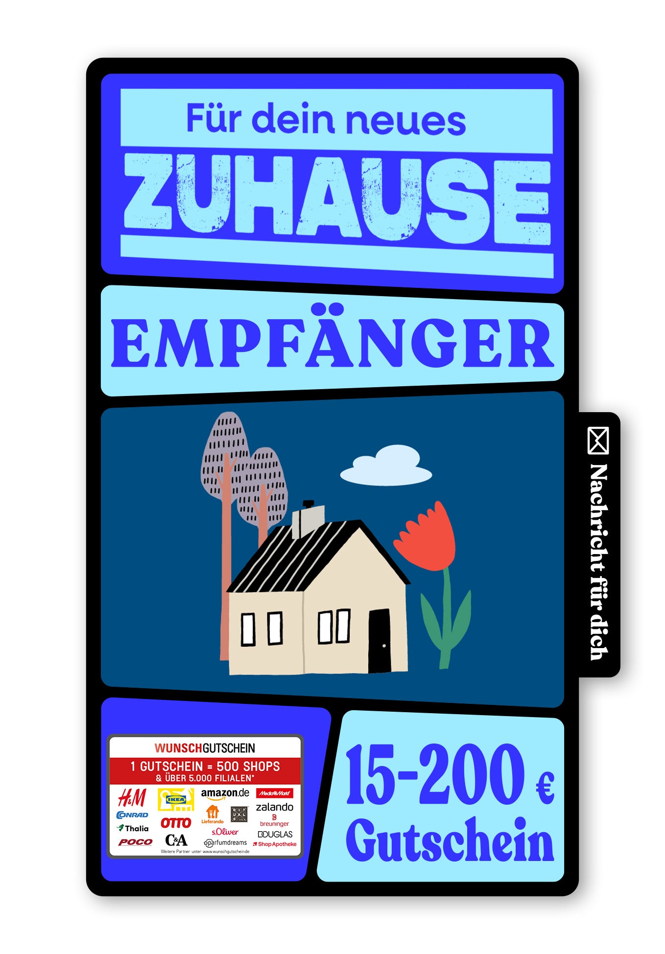 Wunschgutschein Digital - Glückwunsch zum Einzug - Haus Blume Blau – Geschenkgutschein Ansicht 1