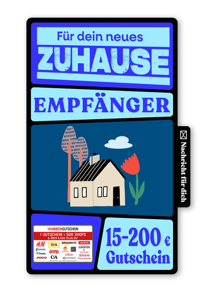 Wunschgutschein Digital - Glückwunsch zum Einzug - Haus Blume Blau – Geschenkgutschein Ansicht 1