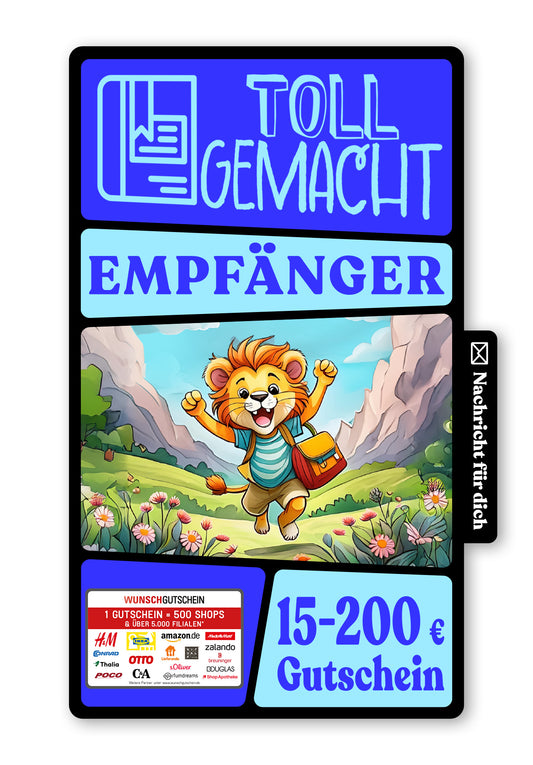 Wunschgutschein Digital - Endlich Schulkind - Löwe – Geschenkgutschein Ansicht 1