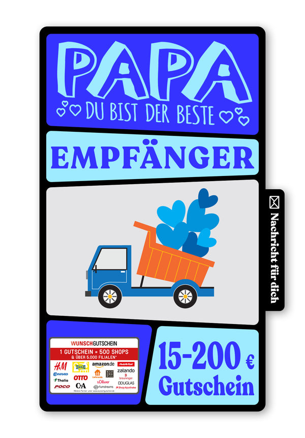 Wunschgutschein Digital - Für den besten Papa - Laster Herzen Grau – Geschenkgutschein Ansicht 1