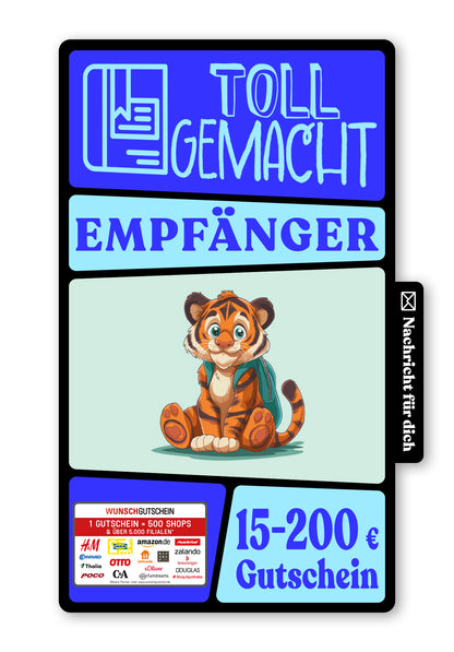 Wunschgutschein Digital - Hurra Schulkind - Tiger – Geschenkgutschein Ansicht 1