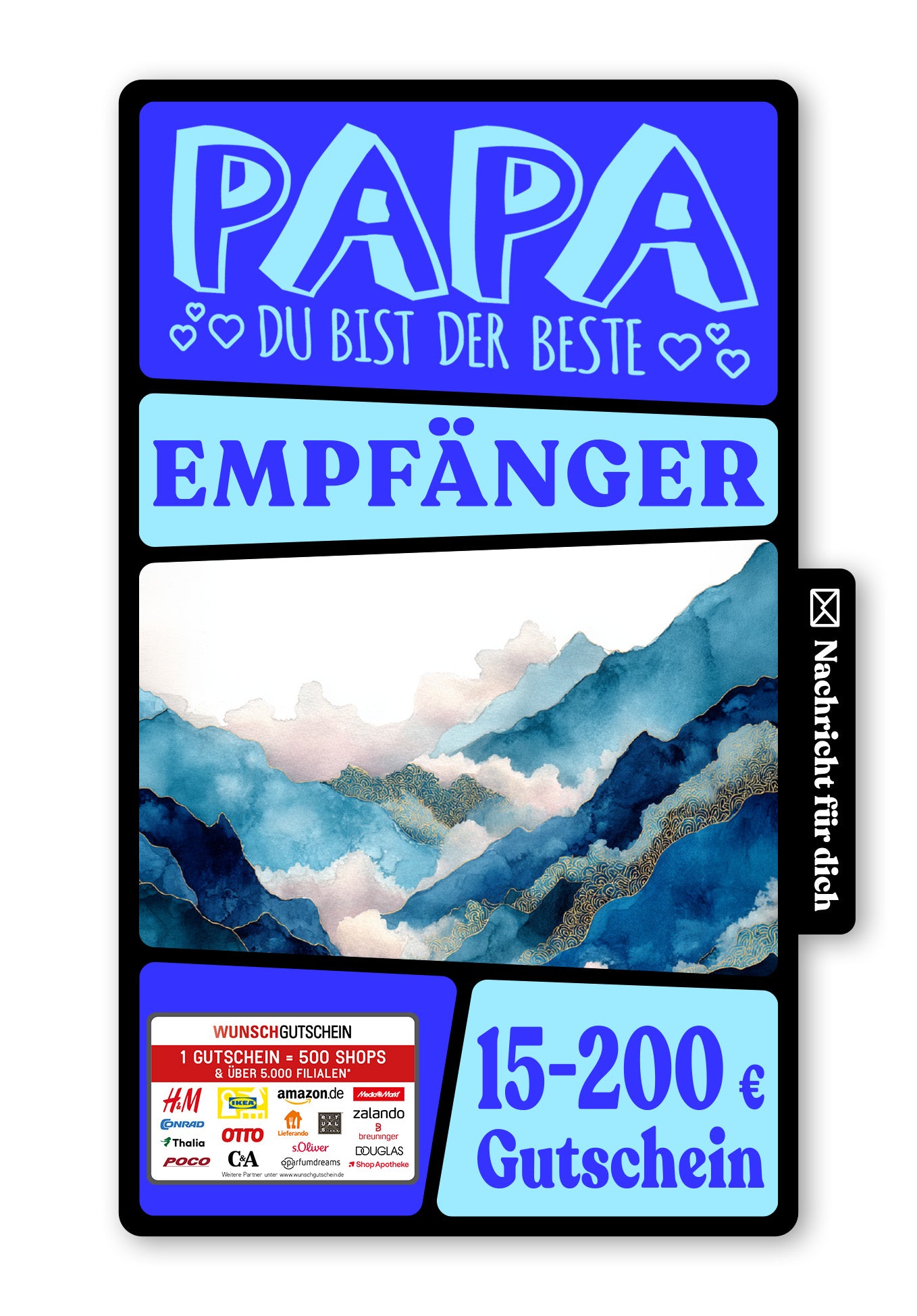 Wunschgutschein Digital - Für Papa - Berge Blau – Geschenkgutschein Ansicht 1