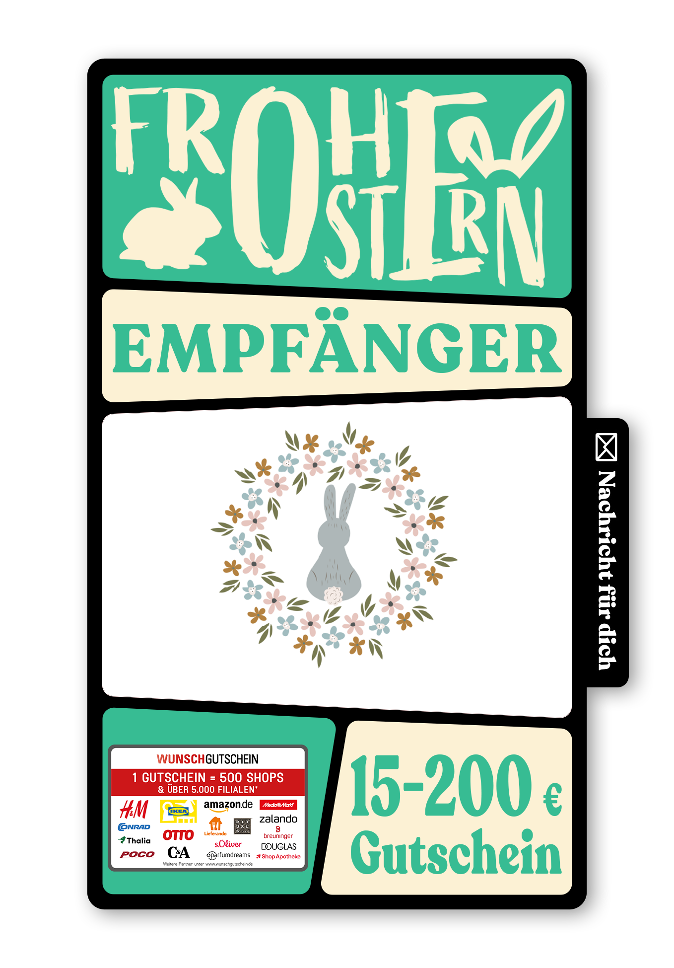 Wunschgutschein Digital - Frohe Ostern - Blumenkranz Hase – Geschenkgutschein Ansicht 1
