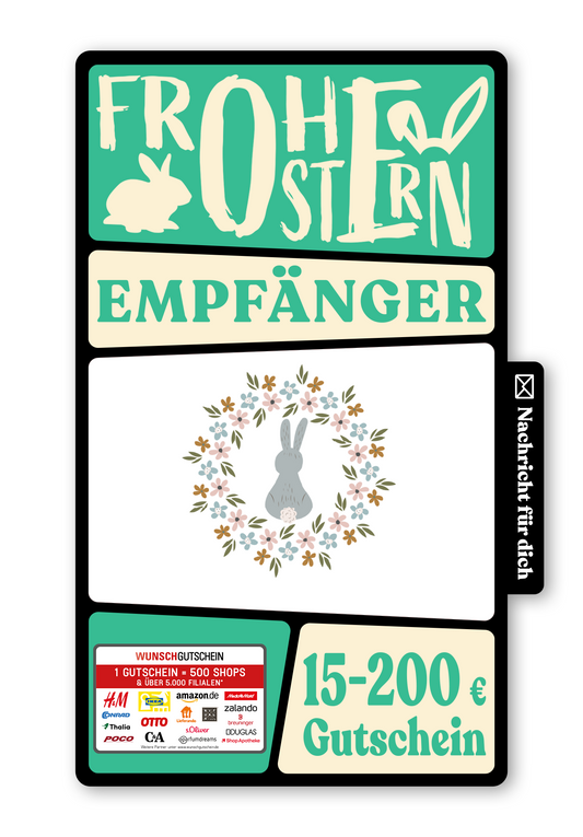 Wunschgutschein Digital - Frohe Ostern - Blumenkranz Hase – Geschenkgutschein Ansicht 1