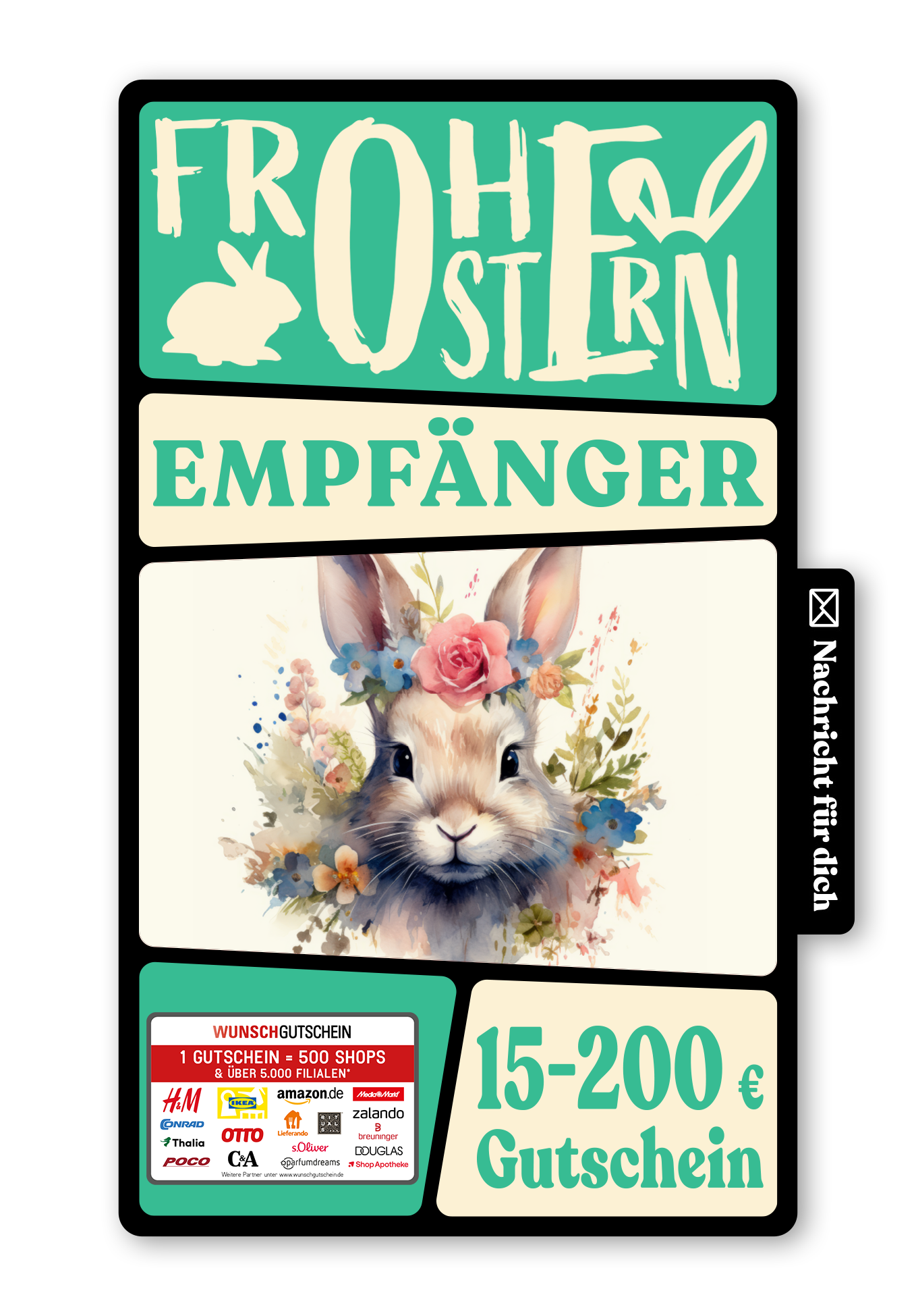 Wunschgutschein Digital - Frohe Ostern - Hase Blumen – Geschenkgutschein Ansicht 1