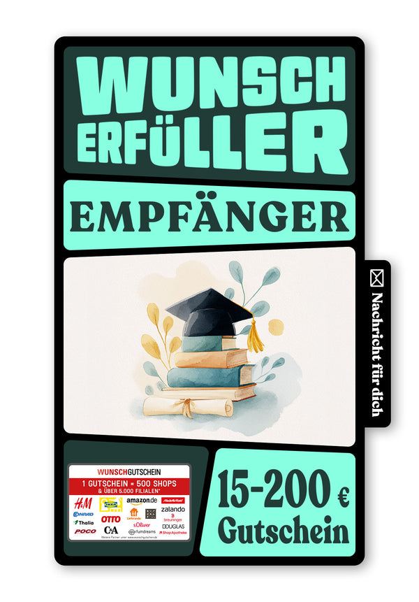 Wunschgutschein Digital - Herzlichen Glückwunsch - Hut und Bücher – Geschenkgutschein Ansicht 1