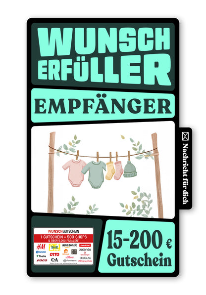 Wunschgutschein Digital - Willkommen kleines Baby - Wäscheleine Grün – Geschenkgutschein Ansicht 1