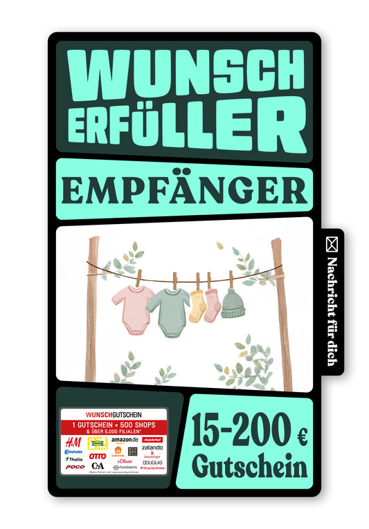 Wunschgutschein Digital - Willkommen kleines Baby - Wäscheleine Grün – Geschenkgutschein Ansicht 1