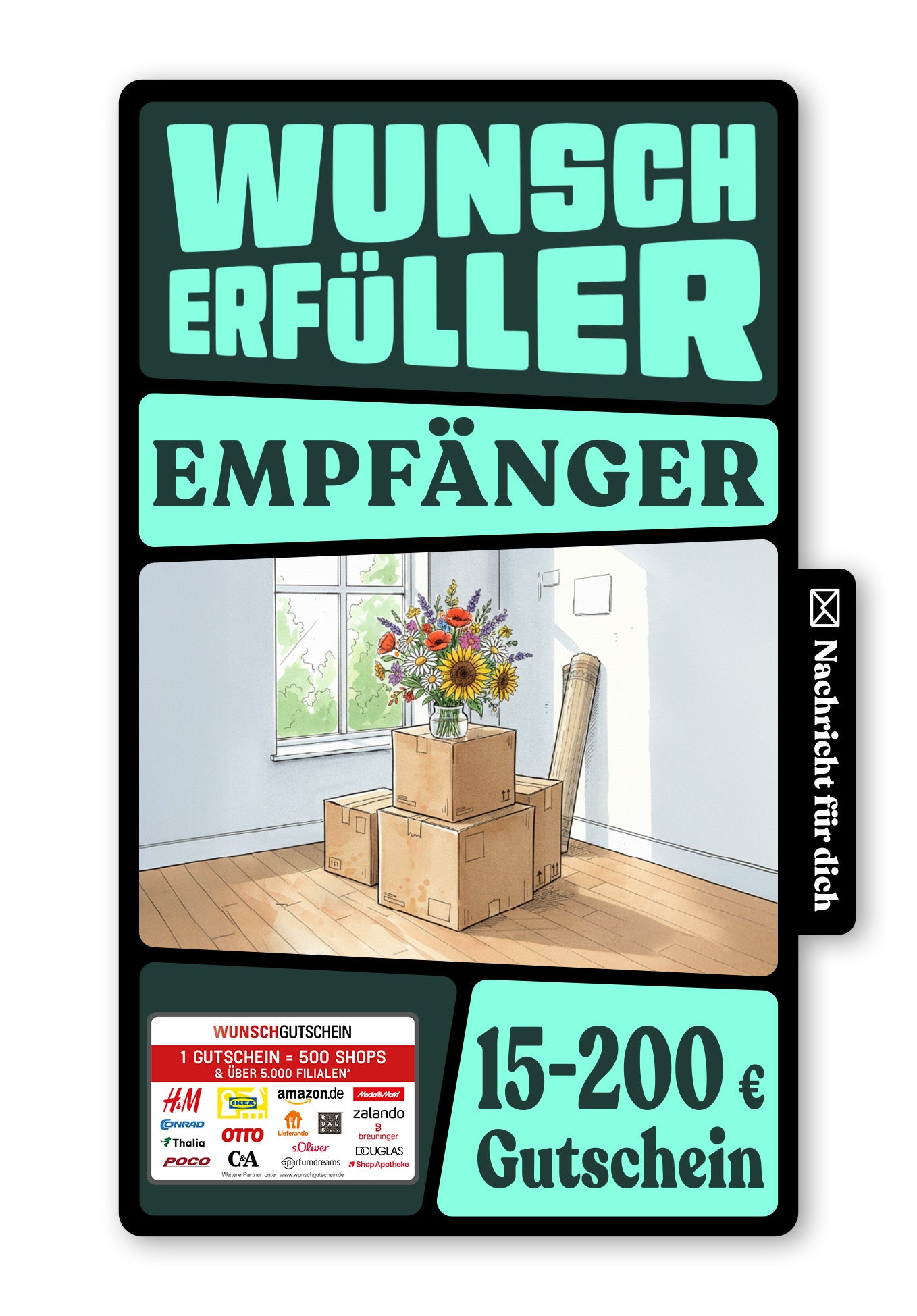 Wunschgutschein Digital - Für dein Zuhause - Blumenstrauß und Kartons – Geschenkgutschein Ansicht 1