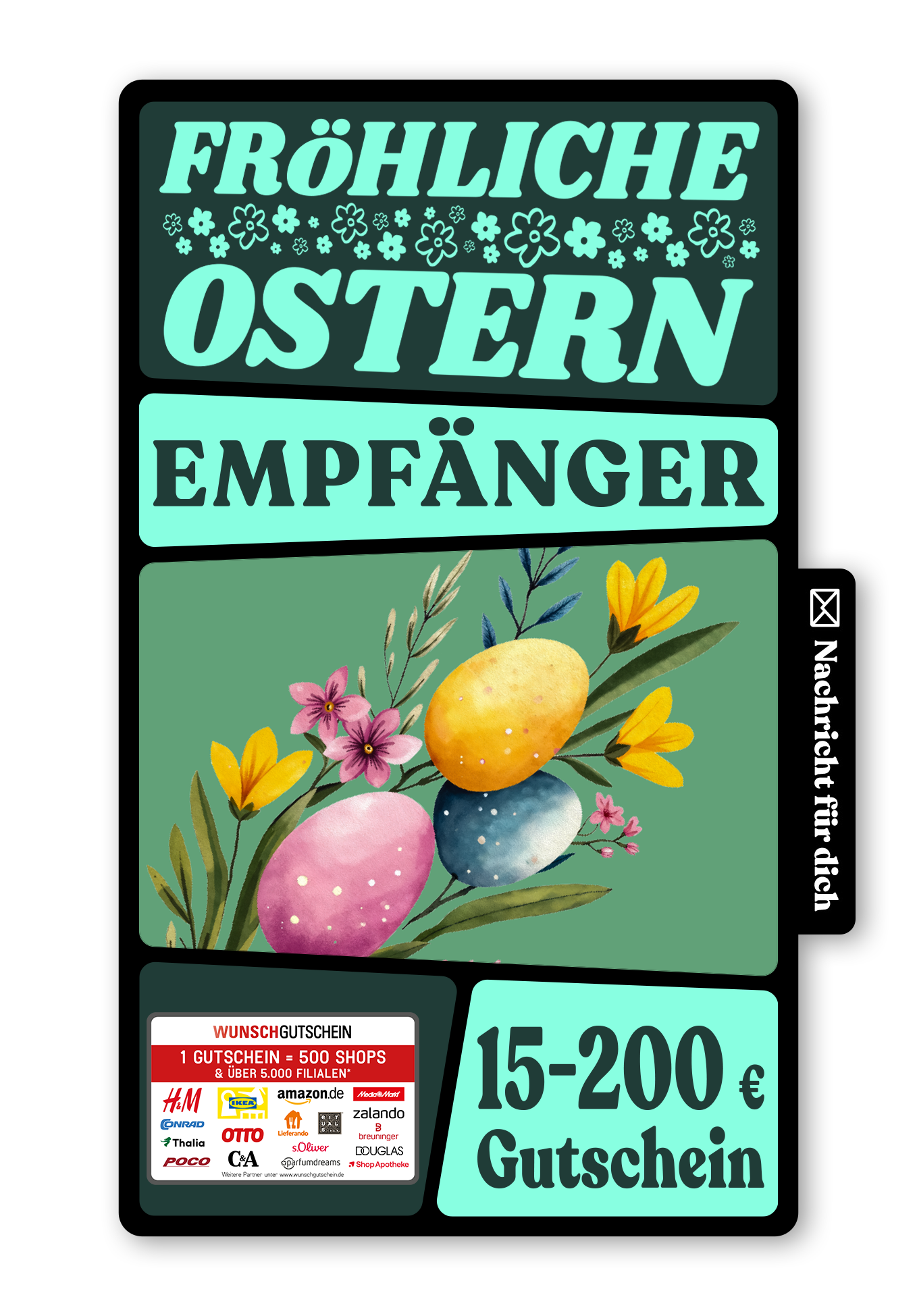 Wunschgutschein Digital - Frohe Ostern - Eier und Blumen Grün – Geschenkgutschein Ansicht 1