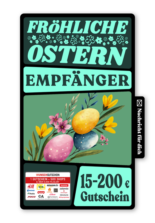 Wunschgutschein Digital - Frohe Ostern - Eier und Blumen Grün – Geschenkgutschein Ansicht 1