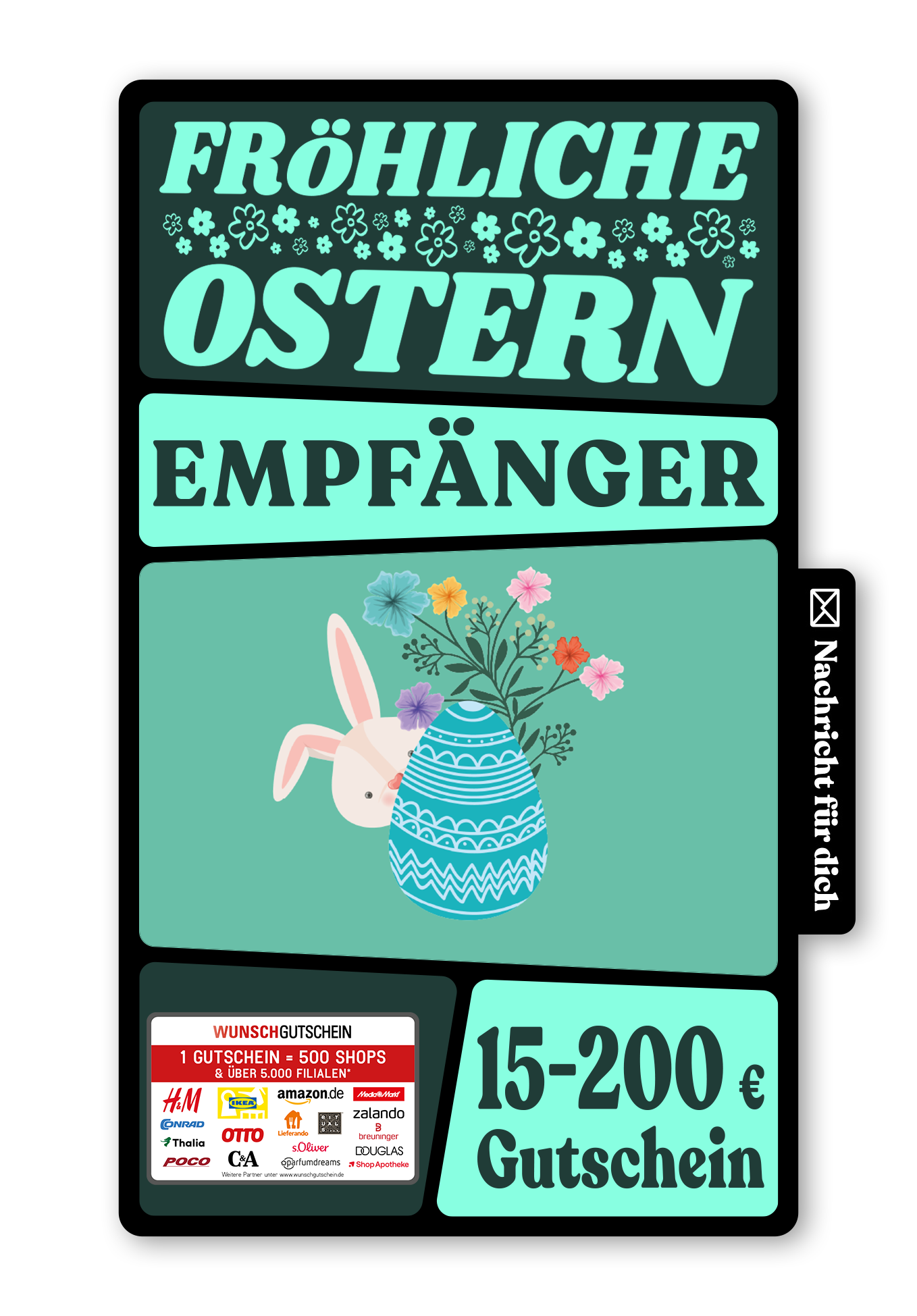 Wunschgutschein Digital - Frohe Ostern - Hase mit Ei Türkis – Geschenkgutschein Ansicht 1