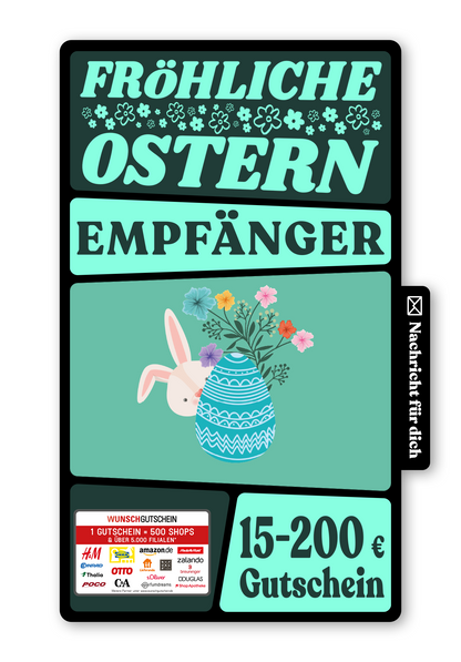 Wunschgutschein Digital - Frohe Ostern - Hase mit Ei Türkis – Geschenkgutschein Ansicht 1