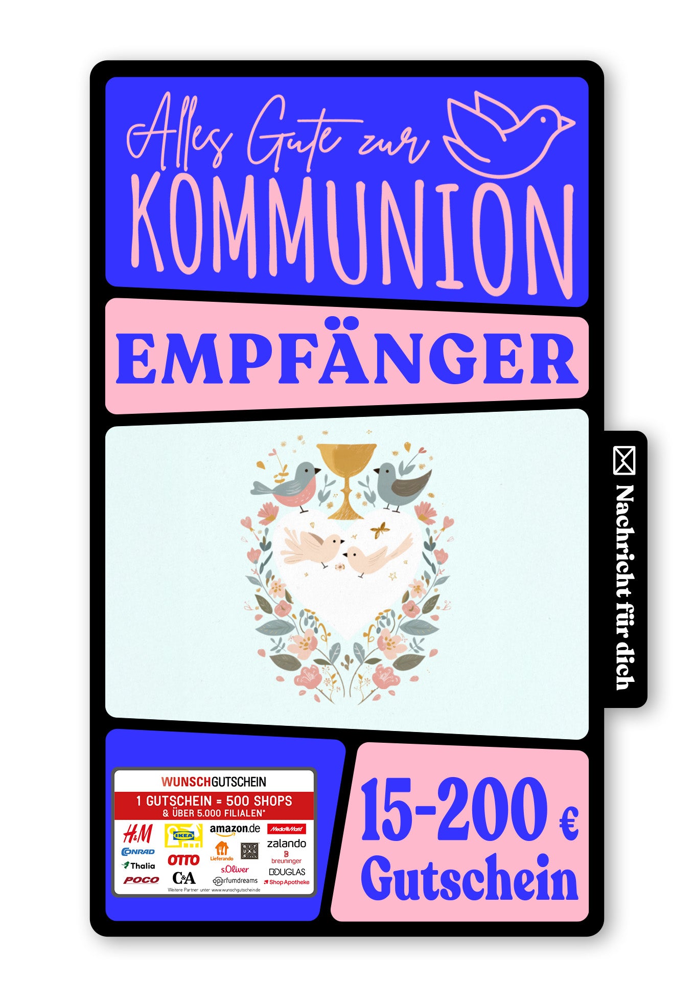 Wunschgutschein Digital - Alles Liebe zur Kommunion - Vögel Blumen – Geschenkgutschein Ansicht 1