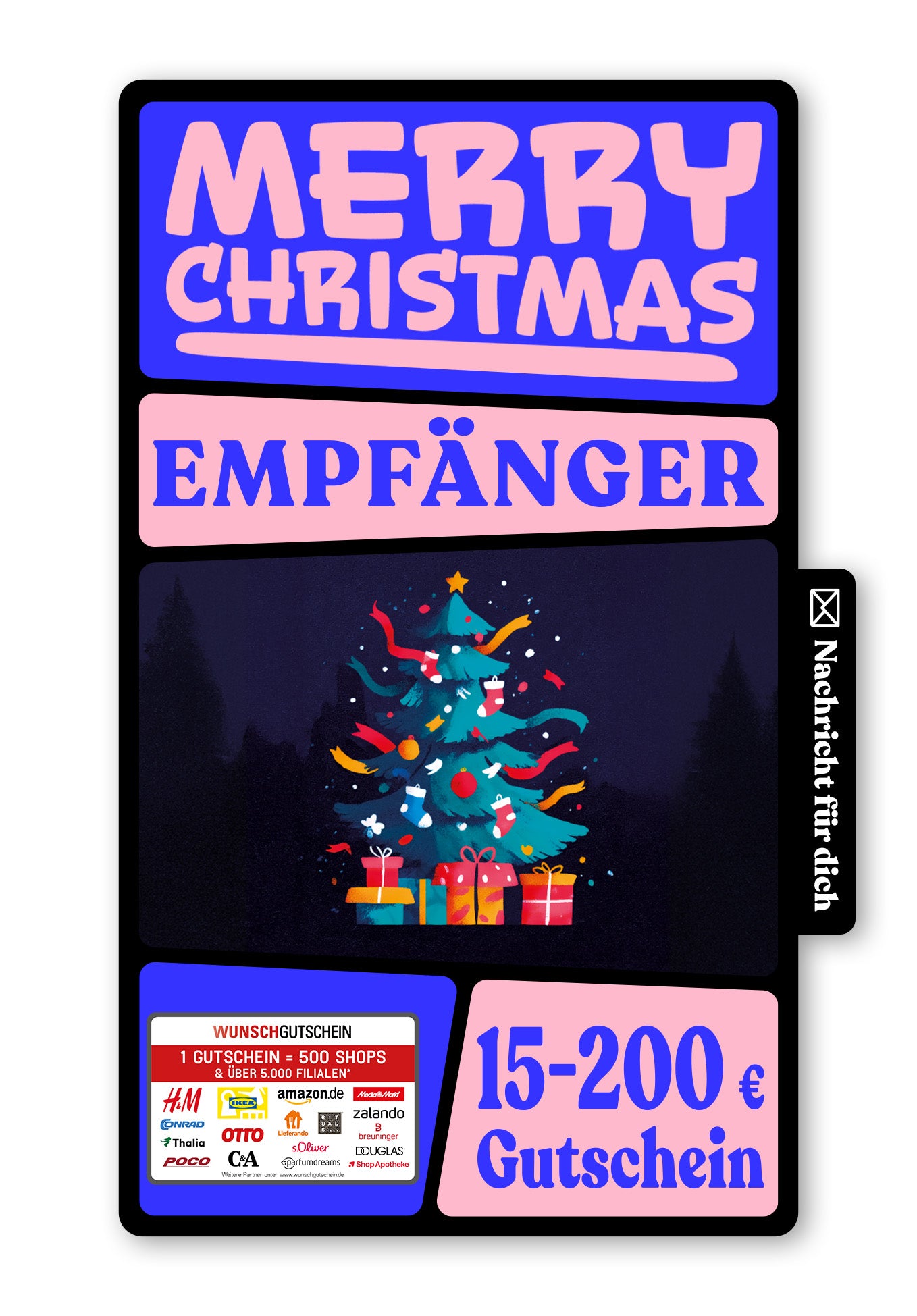 Wunschgutschein Digital - Frohe Weihnachten - Tannenbaum Bunt – Geschenkgutschein Ansicht 1
