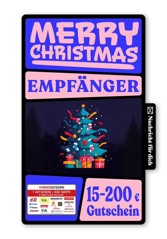 Wunschgutschein Digital - Frohe Weihnachten - Tannenbaum Bunt – Geschenkgutschein Ansicht 1