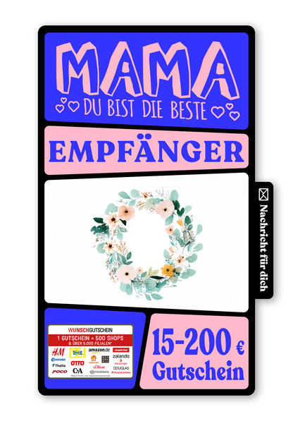 Wunschgutschein Digital - Mama du bist die Beste - Blumenrahmen – Geschenkgutschein Ansicht 1