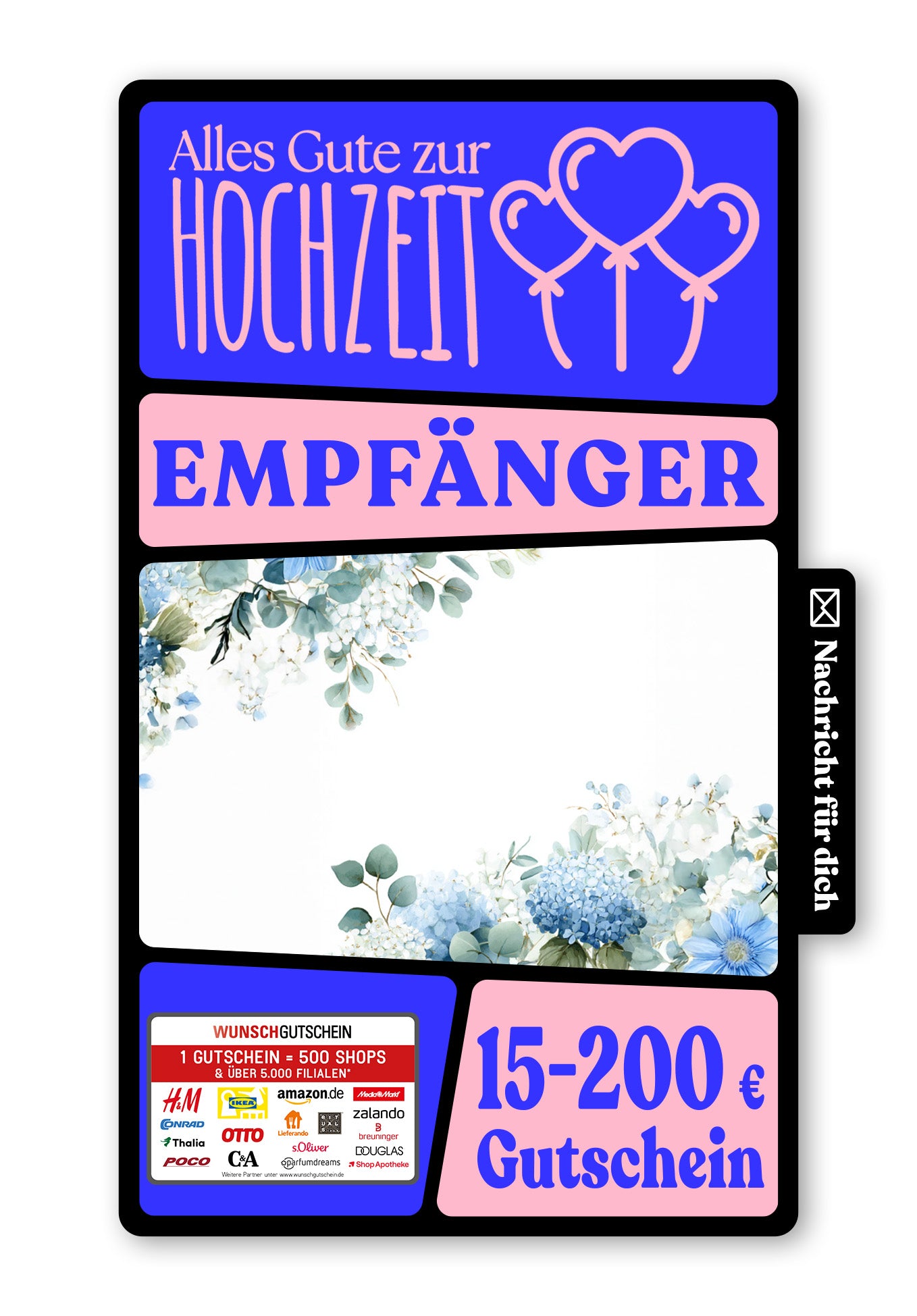 Wunschgutschein Digital - Zur Hochzeit alles Liebe und Gute - Hortensien Blau – Geschenkgutschein Ansicht 1