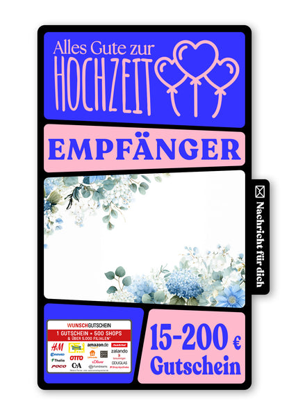 Wunschgutschein Digital - Zur Hochzeit alles Liebe und Gute - Hortensien Blau – Geschenkgutschein Ansicht 1